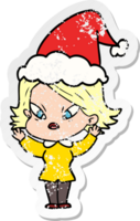 hand drawn distressed sticker cartoon of a stressed woman wearing santa hat png