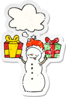 cartoon snowman with present with thought bubble as a distressed worn sticker png