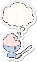 cartoon ice cream dessert with thought bubble as a distressed worn sticker png