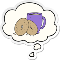 tekenfilm koffie en donuts met gedachte bubbel net zo een gedrukt sticker png