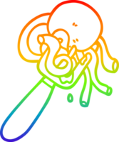 rainbow gradient line drawing of a cartoon spaghetti and meatballs on fork png