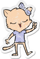 distressed sticker of a cartoon cat with bow on head giving peace sign png