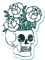 imagem de estilo de tatuagem de adesivo angustiado icônica de uma caveira e rosas png