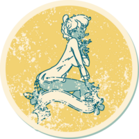 iconic distressed sticker tattoo style image of a pinup girl wearing a shirt with banner png