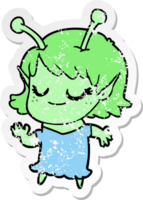 distressed sticker of a smiling alien girl cartoon png