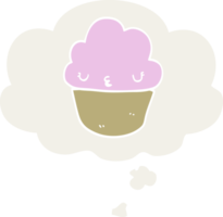 dessin animé petit gâteau avec visage avec pensée bulle dans rétro style png