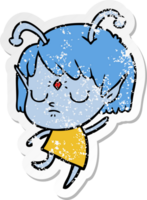 distressed sticker of a cartoon alien girl png