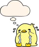 cartoon crying bird with thought bubble in comic book style png