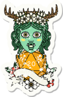 grunge sticker of a half orc druid character with natural 20 dice roll png