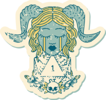 grunge sticker of a crying tiefling with natural one D20 dice roll png