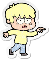 distressed sticker of a cartoon exhausted boy png