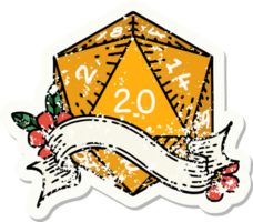 grunge sticker of a natural twenty D20 dice roll png