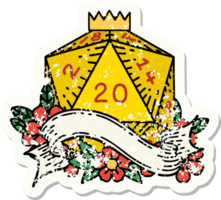 grunge sticker of a natural twenty D20 dice roll png