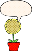 cute cartoon flower with speech bubble in comic book style png