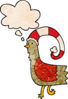 cartoon chicken in funny christmas hat with thought bubble in grunge texture style png