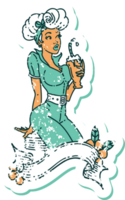 distressed sticker tattoo in traditional style of a pinup girl drinking a milkshake with banner png