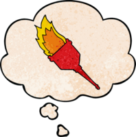 cartoon flaming torch with thought bubble in grunge texture style png