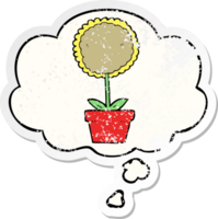 cute cartoon flower with thought bubble as a distressed worn sticker png