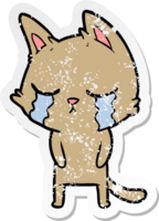 distressed sticker of a crying cartoon cat png