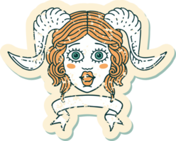 Retro Tattoo Style tiefling character face with scroll banner png