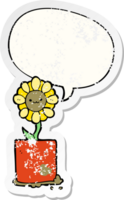 mignonne dessin animé fleur avec discours bulle affligé affligé vieux autocollant png