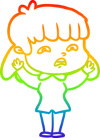 arco iris degradado línea dibujo de un dibujos animados preocupado mujer png