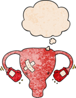 cartoon beat up uterus with boxing gloves with thought bubble in grunge texture style png