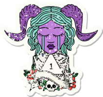 grunge sticker of a crying tiefling with natural one D20 dice roll png
