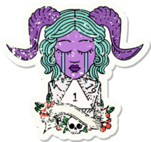 grunge sticker van een huilen tiefling met natuurlijk een d20 Dobbelsteen rollen png