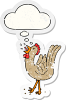 cartoon crowing cockerel with thought bubble as a distressed worn sticker png