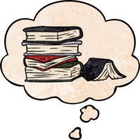 cartoon pile of books with thought bubble in grunge texture style png