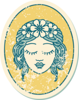 iconic distressed sticker tattoo style image of a maiden with eyes closed png