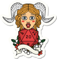 sticker of a tiefling with natural twenty dice roll png