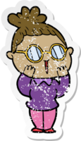 distressed sticker of a cartoon woman wearing spectacles png