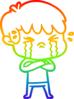 rainbow gradient line drawing of a cartoon boy crying png