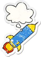 cartoon rocket with thought bubble as a distressed worn sticker png