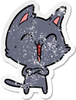 distressed sticker of a happy cartoon cat meowing png