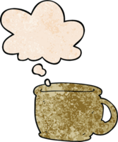 cartoon coffee cup with thought bubble in grunge texture style png