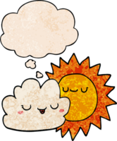 cartoon sun and cloud with thought bubble in grunge texture style png