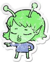 distressed sticker of a cute alien girl cartoon pointing png