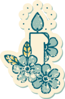 ikonisches, beunruhigtes Aufkleber-Tattoo-Stilbild einer Kerze und Blumen png