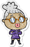 distressed sticker of a cartoon woman wearing spectacles png