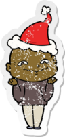 hand drawn distressed sticker cartoon of a creepy guy wearing santa hat png