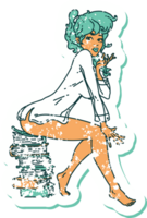iconic distressed sticker tattoo style image of a pinup girl sitting on books png