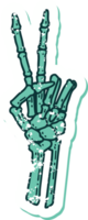 iconic distressed sticker tattoo style image of a skeleton giving a peace sign png