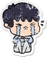 distressed sticker of a cartoon boy crying png