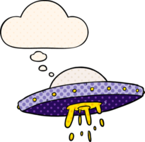 cartoon flying UFO with thought bubble in comic book style png