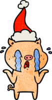 crying pig hand drawn textured cartoon of a wearing santa hat png