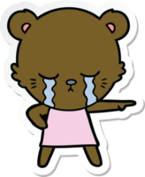 crying cartoon bear in dress pointing png