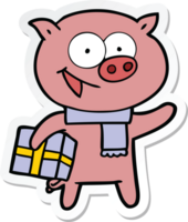 sticker of a cheerful pig with christmas gift png